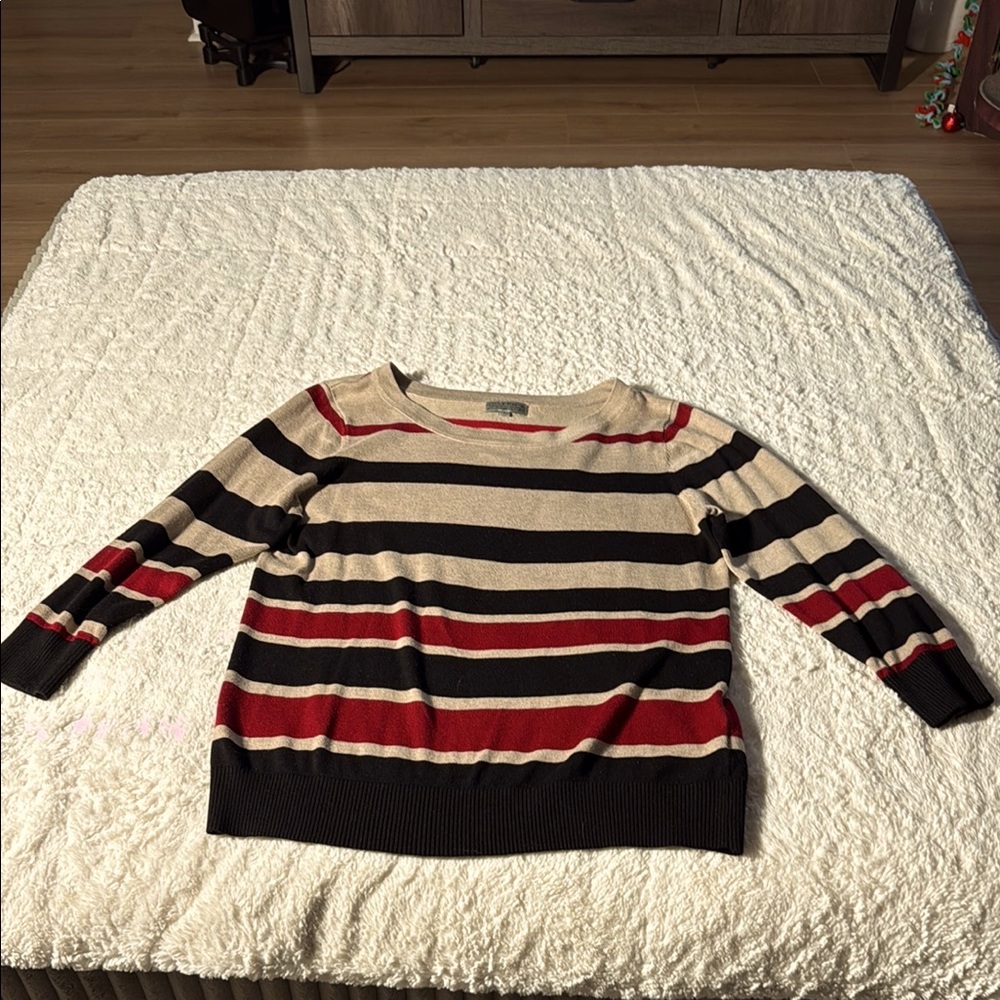 EUC Size L Joseph A Striped Sweater in Burgundy, Black, and Tan